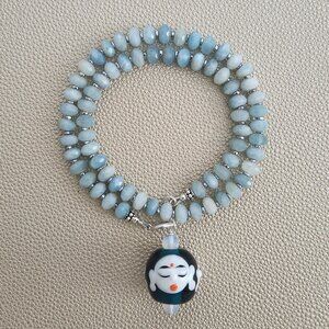 AQUAMARINE NECKLACE W/ BUDDHA BEAD-16"